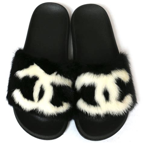 designer chanel fur slides|Chanel fur slides black.